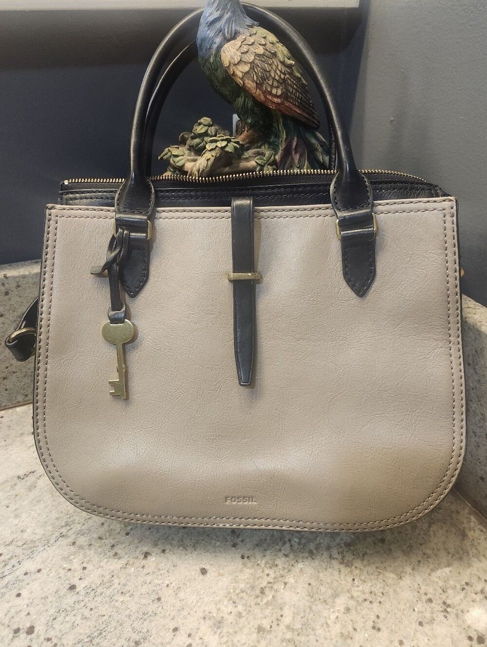 Vintage Fossil Ryder Satchel In Glazed Taupe & Black Leather Crossbody Shoulder